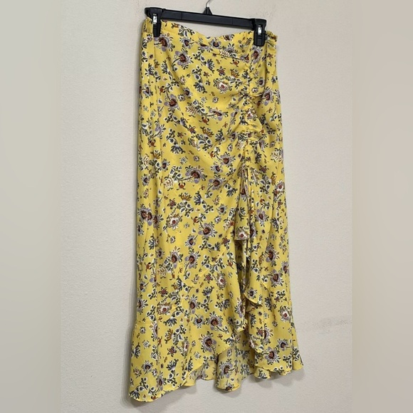 Max Studio Women’s Yellow Floral Print Ruched Front Asymmetrical MIDI Skirt s L - Picture 2 of 8